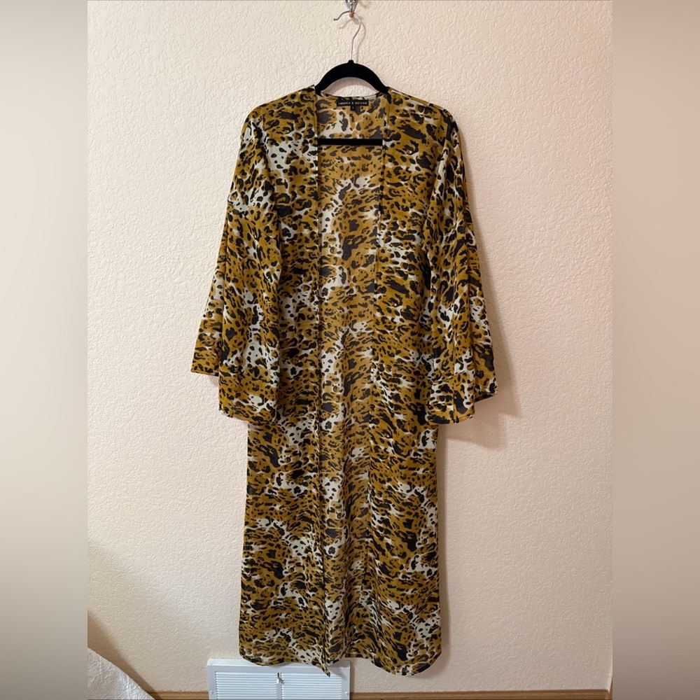 A&B America & Beyond Women’s Leopard Animal Print Kimono Duster Sz S Bell Sleeve